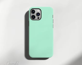 May include: A mint green phone case for an iPhone with a black camera bump and three lenses.