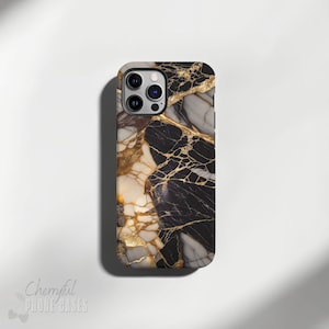 May include: Black, white and gold marble phone case with a camera cutout.