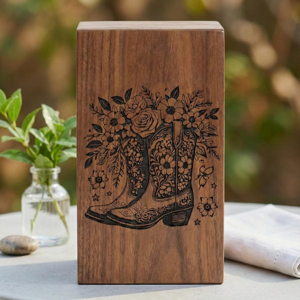Urna con botas de vaquero, madera rústica con grabado floral, monumento conmemorativo del oeste