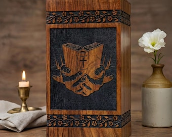 Personalized Rosewood Cremation Urn, Christian Memorial, Laser-Engraved Bible & Cross