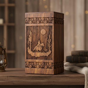 Puede incluir: Una caja rectangular de madera con una escena del desierto tallada que presenta a un vaquero a caballo, cactus y una luna llena. La caja es de color marrón cálido con patrones de hojas decorativas.