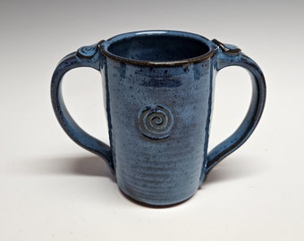 Two-Handled Tall Mug, Mottled Blue, Adaptive Pottery