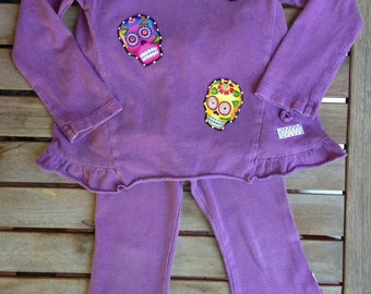 E. Barnes UpCycled Girls 2T Naartjie Puple Pant Set with a Day of the Dead Sugar Skull fun design