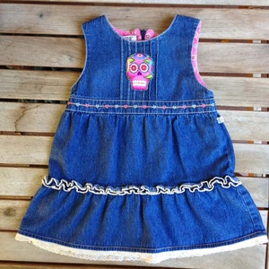 Upcycled OshKosh Denim Dress (24 Months): Sugar Skull, Lace Trim