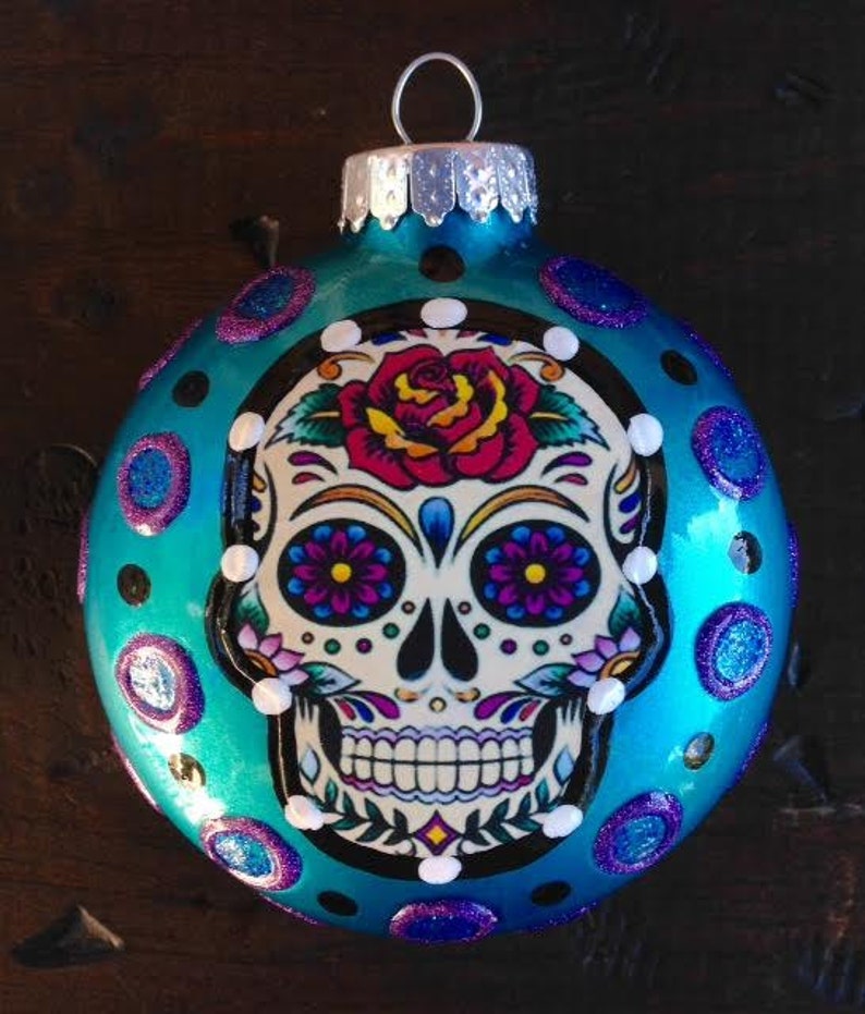 E. BARNES Day of The Dead Sugar Skull 3 Teal with Purple/AB Glitter Dots Hand Painted Glass Ornament image 1