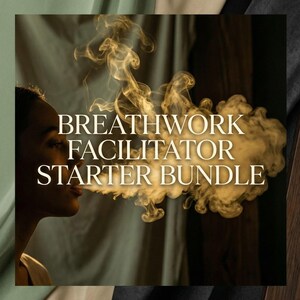 May include: A square image with the text "BREATHWORK FACILITATOR STARTER BUNDLE". A person exhales a cloud of smoke. The background features draped fabric in shades of green, beige, and grey, with a dark wood grain.