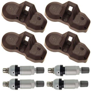 May include: Set of four brown tire pressure sensors with the Mercedes-Benz logo and four silver and black tire valve stems. The sensors are a dark brown color and have a square opening.