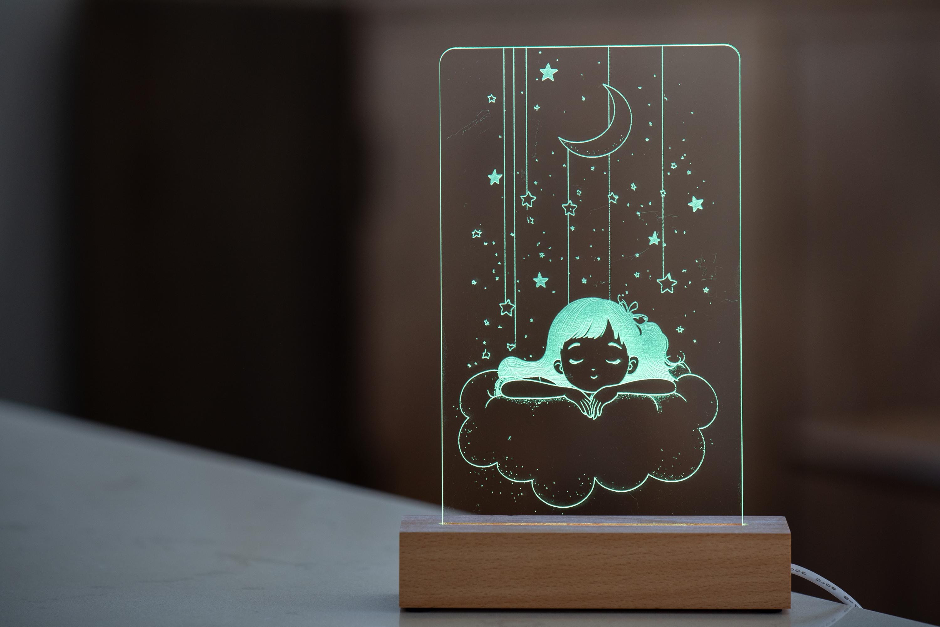 Dreamy Girl on Cloud Night Light – Cute Acrylic LED Lamp With Hanging ...