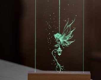 Fairy Night Light – Whimsical Acrylic LED Lamp with Delicate Flying Fairy Line Art | Enchanted Room Decor | Magical Gift