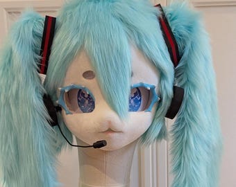 Handgemaakt Miku-harige fursuit-hoofd met afneembare vlechten