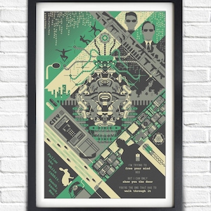 May include: Framed art print with a geometric design in shades of green, gray, and beige. Features stylized figures, text, and imagery from a science fiction film. Includes the phrases "Follow the white rabbit" and "I'm trying to free your mind".