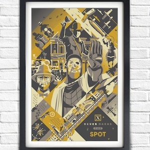 May include: A framed art print with a geometric design in shades of grey, yellow, and black. The artwork features illustrations of historical figures, buildings, and aircraft. Text on the print reads "NEVER MARKS THE SPOT."