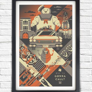 May include: Framed poster featuring a stylized illustration of the Ghostbusters. The artwork includes the Stay Puft Marshmallow Man, the Ecto-1 car, Slimer, and the phrase "Who Ya Gonna Call?" in a retro design with orange, gray, and black colors.