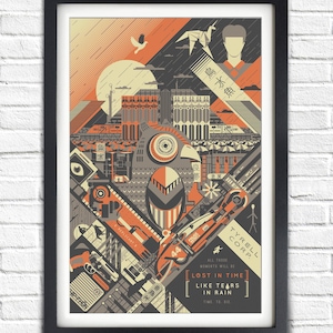 Può includere: Stampa artistica incorniciata con un design geometrico in arancione, grigio e nero. L'opera presenta un gufo, paesaggi urbani e il testo "TYRELL CORP" e "LOST IN TIME LIKE TEARS IN RAIN".