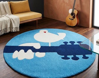 Alfombra Woodstock de lana tejida a mano – Diseño icónico de pájaro y guitarra, decoración retro para sala de música.