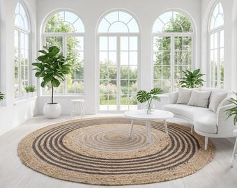 Handgefertigter Runder Jute Wollteppich, Geflochtener Teppich, Neutrales Dekor