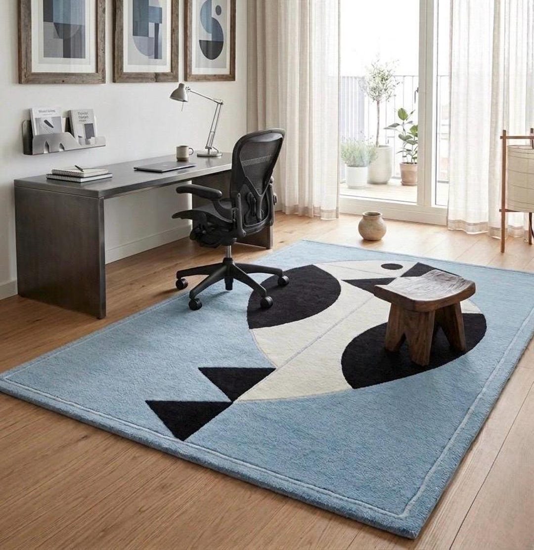 Hand Tufted Wool Abstract Geometric Rug, Nordic Minimalist Blue Black ...