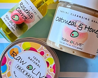 Kit de inicio para el cuidado facial natural: Granos limpiadores de avena y miel, sérum de rosa mosqueta y zanahoria, bálsamo facial de oliva.