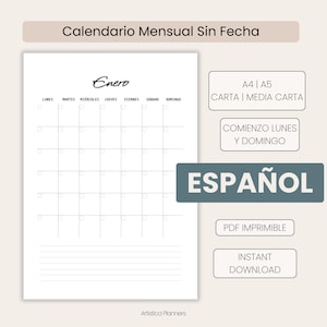 スペイン語版 日付なしマンスリープランナー：縦型レイアウト。サイズはA4、A5、レター、ハーフレター。(PDFダウンロード)