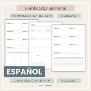 Weekly Planner Printable in SPANISH: PDF Download for Print and Digital use. Vertical Layout. Sizes A4, A5, Letter and Half Letter.