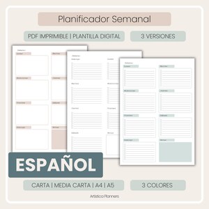 Weekly To-do Planner Printable in SPANISH: PDF Download for Print and Digital use. Vertical Layout. Sizes A4, A5, Letter, Half Letter.