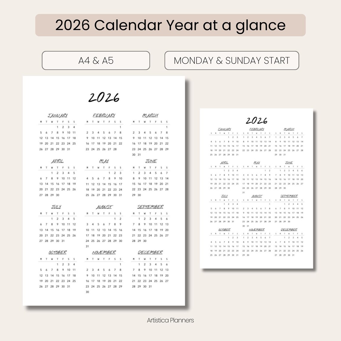 2026 Calendar: Year at a Glance. Monday-sunday Start. A4, A5, Letter ...