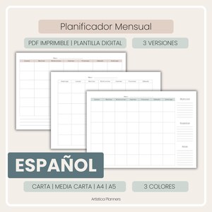 Planificador Mensual Sin fecha ESPAÑOL: Tamaño A4, A5, Carta, Media Carta. (PDF Descargable)