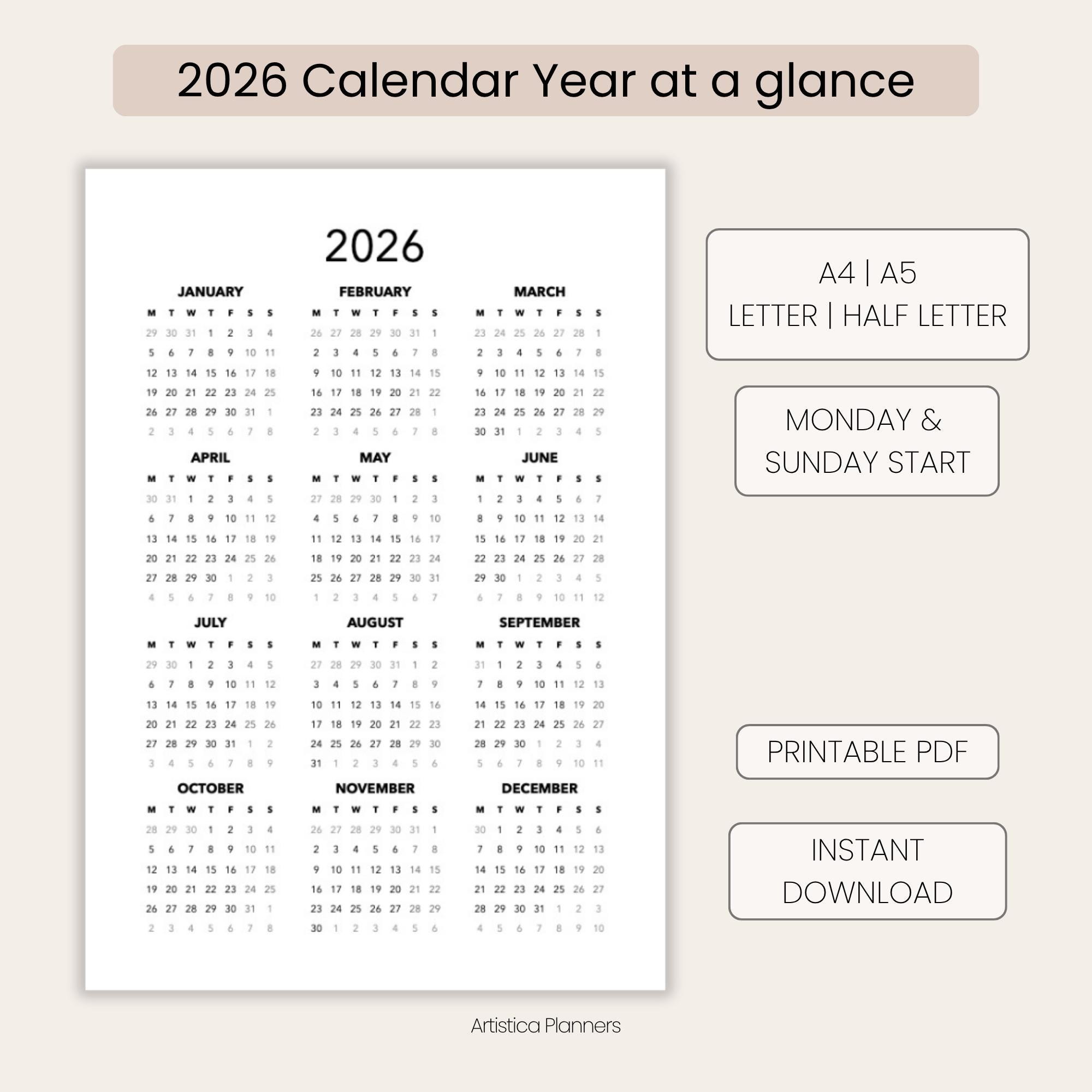 2026 Calendar: Year at a Glance. Monday-sunday Start. A4, A5