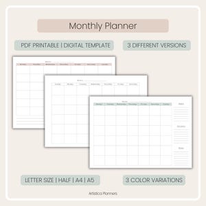 Planificador Mensual Sin fecha en Inglés: PDF Descargable para Imprimir y Uso Digital. Formato Horizontal. Tamaño A4, A5, Carta, Media Carta