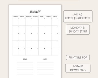 Calendario Mensual 2026. Comienzo Lunes y Domingo. Tamaño A4, A5, Carta, Media Carta. (PDF Descargable)