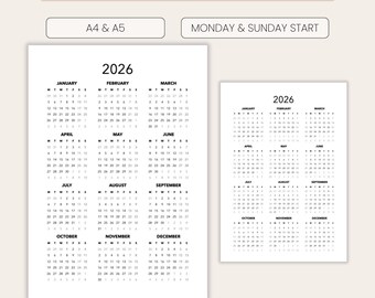 2026 Calendar: Year at a Glance. Monday-sunday Start. A4, A5