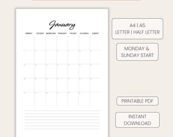 Calendario Mensual 2026. Comienzo Lunes y Domingo. Tamaño A4, A5, Carta, Media Carta. (PDF Descargable)
