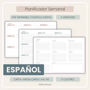 Weekly To-do Planner Printable in SPANISH: PDF Download for Print and Digital use. Vertical Layout. Sizes A4, A5, Letter, Half Letter.