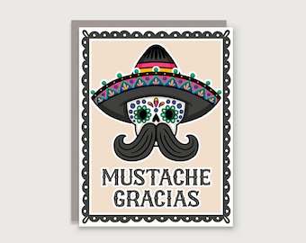 Mustache Gracias - Sugar Skull - Spanish Thank You Card