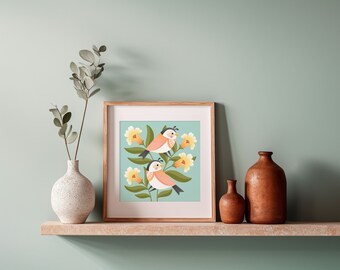 May include: A framed print of two orange birds perched on a branch with yellow flowers. The birds are facing each other and have black eyes. The background is a light blue color.