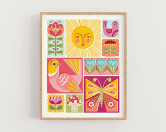May include: A framed art print featuring a colorful, geometric design. The artwork includes a yellow sun, birds, flowers, and a butterfly. The color palette includes pink, yellow, green, and blue. The print is in a wooden frame.