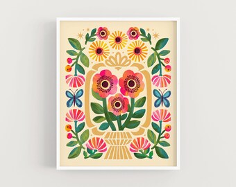May include: A framed floral art print featuring a vibrant arrangement of stylized flowers in shades of pink, orange, and yellow. The design includes green leaves, blue butterflies, and decorative elements on a cream background.