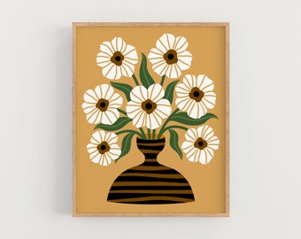 May include: A digital illustration of a bouquet of white flowers with brown centers in a black and brown striped vase on a yellow background.