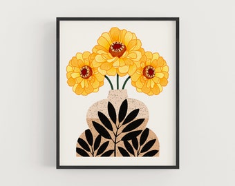 May include: A print of a vase with three yellow flowers and black leaves. The vase is a light brown color with a textured surface.