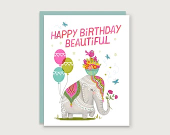 Happy Birthday Beautiful - Painted Elephant Greeting Card