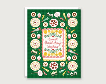 May include: A birthday greeting card with a green checkered background. The card features a central cake design with the text "Sweet Birthday Wishes." Surrounding the cake are illustrations of desserts, party favors, and the words "Let's Party!" and "More Cake!"