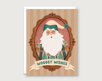 May include: A Christmas card featuring a portrait of Santa Claus in a decorative frame. Santa is wearing a green and white hat, glasses, and a patterned sweater. The card has a banner that reads "Woodsy Wishes". The background is a striped pattern.