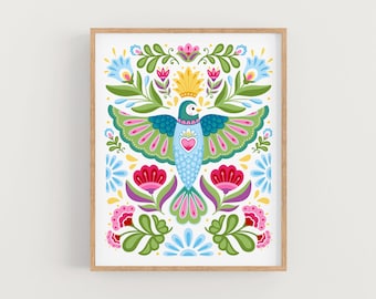 May include: A colorful folk art style illustration of a blue bird with green wings and a red heart on its chest. The bird is surrounded by flowers in shades of pink, red, yellow, and blue.
