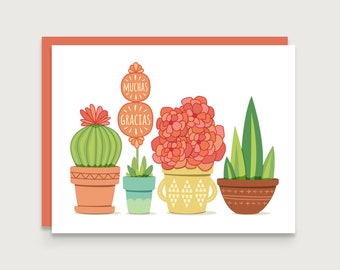 May include: A greeting card with a white background featuring four potted plants. The plants include a cactus, a succulent, a flowering plant, and a leafy plant. The card has the text "Muchas Gracias" in Spanish.