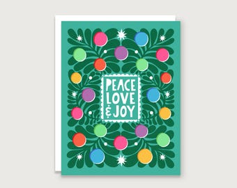 May include: A greeting card with a teal background and a decorative design of colorful circles and leaves. The card features the words "PEACE LOVE & JOY" in a white, decorative font, perfect for the holiday season.