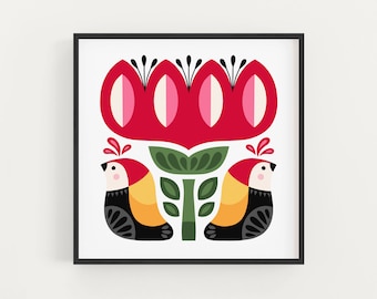May include: A framed print of a stylized red flower with two yellow and black birds on either side. The flower has a green stem and leaves.