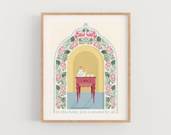 May include: A framed art print featuring a stylized interior scene. A red table holds a teapot and cups within a yellow archway, adorned with floral and bird motifs. The text "In this home, love is poured for all" is at the bottom. The artwork is in a wooden frame.