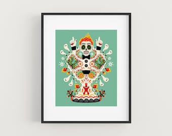 May include: A framed art print featuring a central skull figure with orange hair, a black bowtie, and raised hands. The design includes green cacti, small white ghosts, red flames, and floral patterns on a light teal background, all enclosed in a black frame.