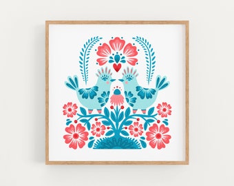 Tortelduifjes - Talavera-stijl - Kunstafdruk 8 x 8