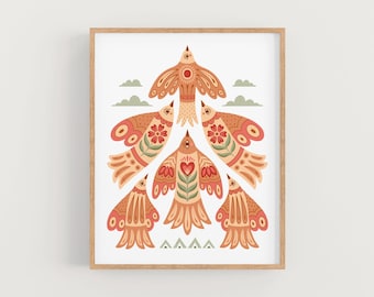 May include: A digital art print featuring a group of five stylized birds with geometric patterns in shades of orange, red, and green. The birds are arranged in a symmetrical pattern, with the largest bird at the top and the smaller birds below. The background is white.